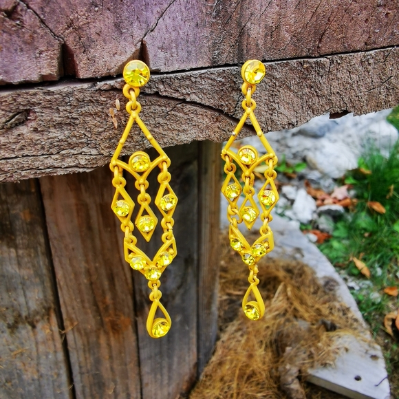 Yellow Painted Metal Chandelier Post Earrings with Yellow Rhinestones - Picture 9 of 13